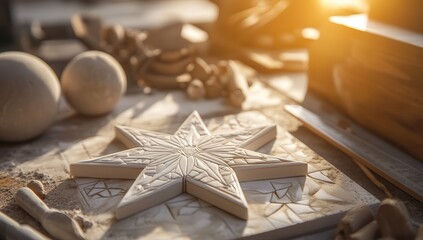Artistic ceramic star with intricate patterns bathed in warm sunlight, amidst pottery tools in a creative workshop.