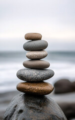 stacked zen stones on beach rock by the sea with calm waves and soft sky, peaceful coastal composition symbolizing balance, mindfulness, and natural harmony in wellness setting
