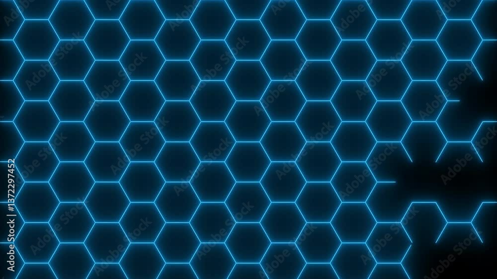 Poster neon hexagonal grid expanding with glowing path – futuristic tech animation