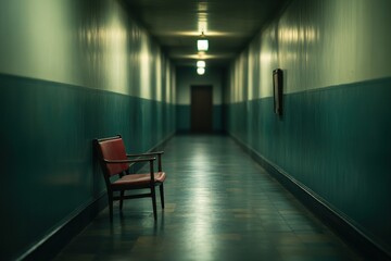 Mysterious hallway with a lonely chair inviting thoughts and reflections at twilight Generative AI