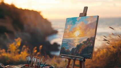Peaceful landscape painting at sunset by the sea with vibrant hues.
