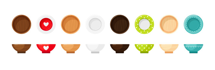 Empty ceramic or wooden bowls, deep plates or dishes for soup and salad. Vector cartoon set of kitchen tableware, bright plastic or pottery utensil isolated on white background, side and top view