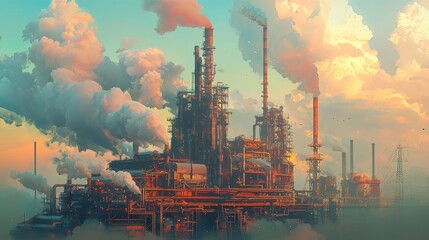 Industrial Oil Refinery Emitting Smoke Against a Dramatic Atmospheric Background
