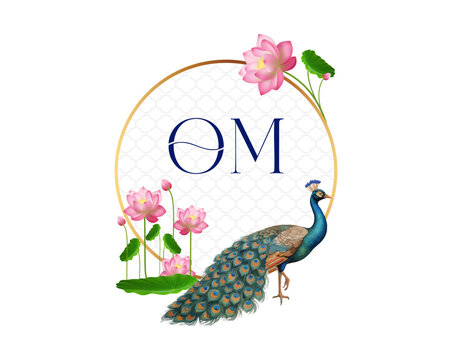 This royal Indian wedding logo features "OM" in a classic font within a gold ring, adorned with lotuses and a peacock, symbolizing elegance and tradition. - Powered by Adobe