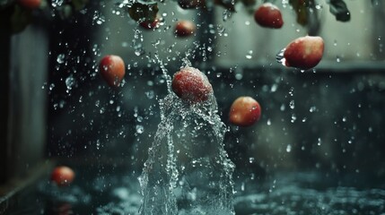 Falling apples splashing into water, garden fountain background