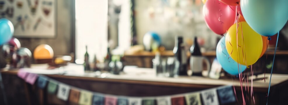 Colorful balloons decorate a festive indoor party scene with a blurred background of a bar setup.