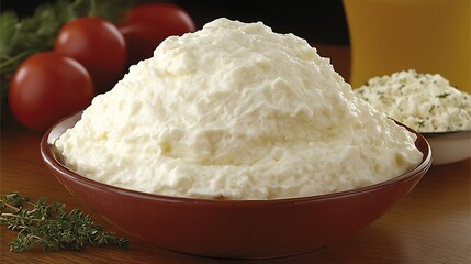 A large bowl containing creamy cottage cheese is well presented