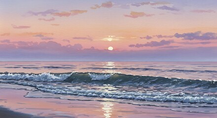 Obraz premium Tranquil Beach Sunset with Gentle Ocean Waves, Watercolor Painting
