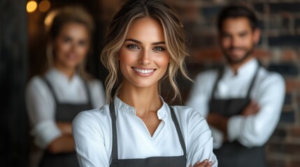 group of three friendly cafe staff members stands together with smiles, showcasing a warm and inviting atmosphere. dim lighting and brick wall enhance the cozy vibe of the setting