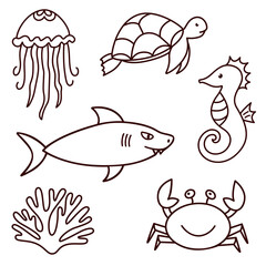 Vector fish icon set in line style with hand drawn sea animals, turtle, seahorse, shark, coral, crab, jellyfish with outline, coloring book or page for kids, cartoon illustration, underwater creatures