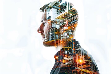 Double Exposure of Man and Industrial Landscape with Light Effects