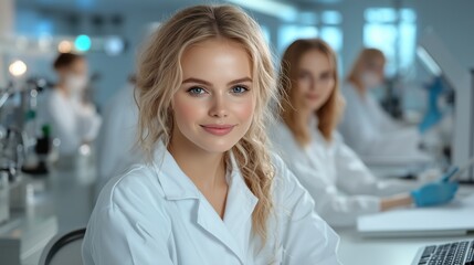 Laboratory setting shows a young woman in a white lab coat smiling at the camera. Behind her, other researchers are engaged in various scientific activities, emphasizing teamwork and focus