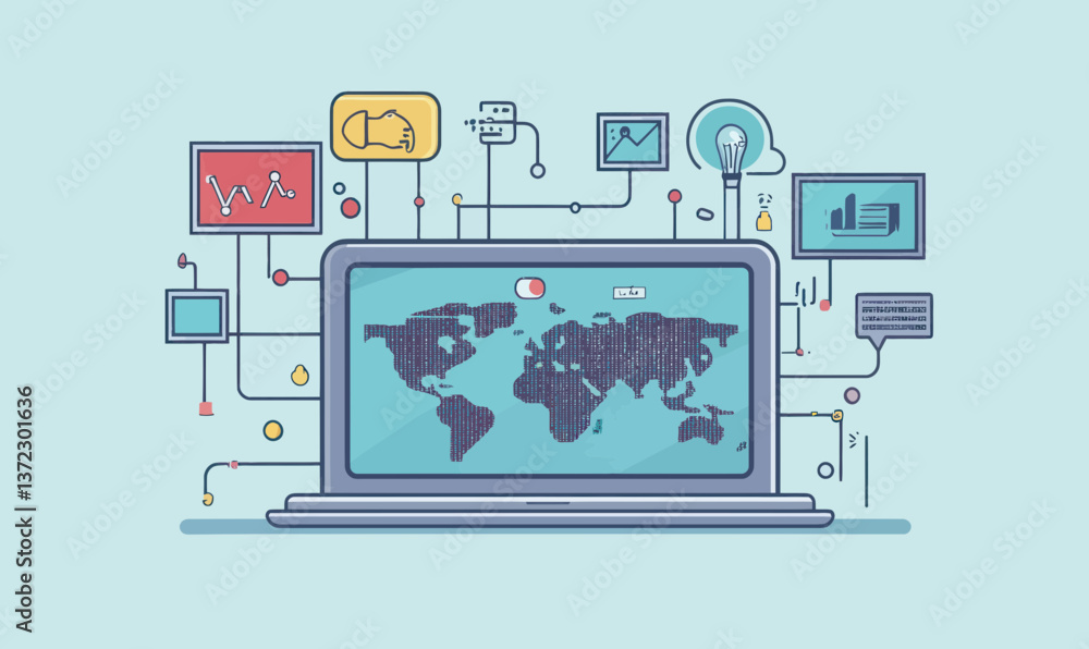 Poster laptop with digital network and world map for global data and technology visualization