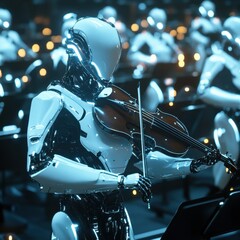 A futuristic robotic orchestra performing a symphony, glowing digital instruments generating mesmerizing sounds, hyper-realistic lighting