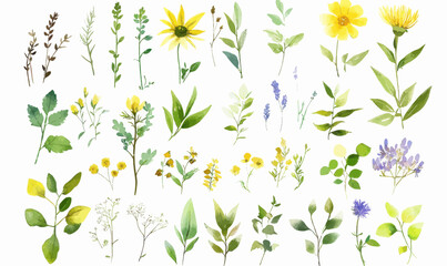 Watercolor Vector Set of Wildflowers and Herbs Illustration for Botanical Design