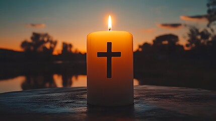 A glowing candle with a cross is lit during the evening