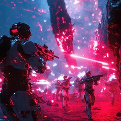 A futuristic virtual reality gaming arena where players are immersed in holographic landscapes, glowing avatars battling across an epic battlefield, ultra-detailed