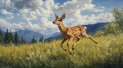 Fawn leaping meadow mountain vista