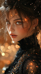 Fototapeta premium Woman with a black dress and a black veil is standing in front of a light source. She has a golden eye that is the focal point of the image