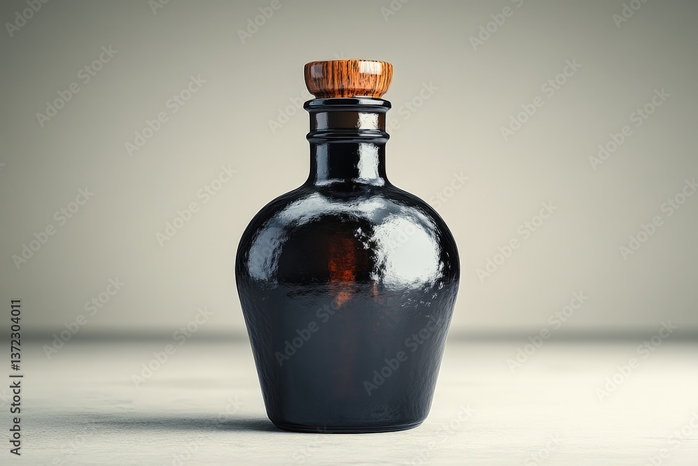Poster unique handcrafted black bottle with wooden cap illuminated by soft light in a minimalist setting ge