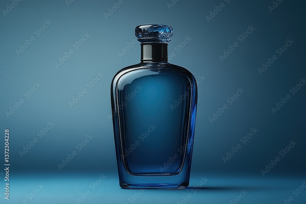 Aufkleber elegant blue glass bottle standing on a smooth surface with a soft focus background illuminating its