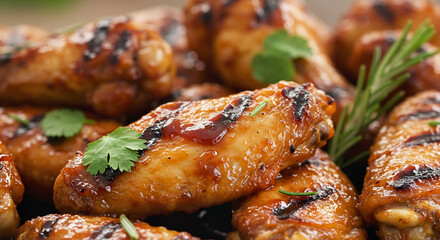 Grilled chicken wings with barbecue sauce on a rustic platter  