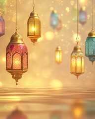 Eid Celebration Scene, Colorful Lanterns, Golden Accents, Floating Lights, Tranquil Festive Ambience, A Radiant Festive Atmosphere with Soft Glow