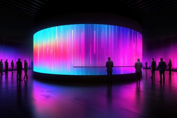 A hybrid physical and digital stock market floor, traders surrounded by glowing AR graphs, Futuristic, cinematic tone, high contrast.