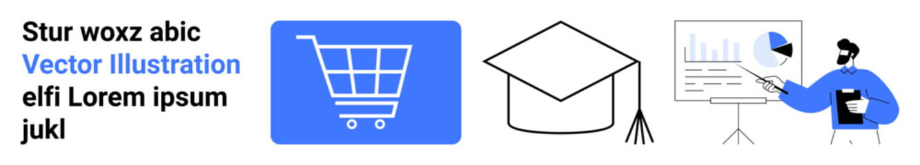 Blue shopping cart icon, graduation cap, data chart on board, person analyzing statistics. Ideal for education, e-commerce, sales, learning, technology analytics simple landing page