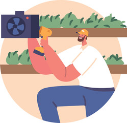 Farmer repairing conditioner in greenhouse