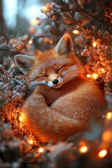 Obraz premium Cute fox curled up in glowing Christmas lights soft warm tones cozy festive atmosphere cinematic framing