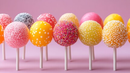Obraz premium Colorful cake pops on sticks, pink backdrop