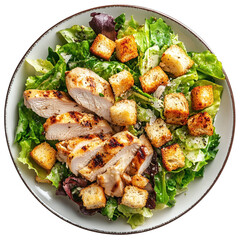 Caesar salad with grilled chicken and croutons, plated top view on transparent background.