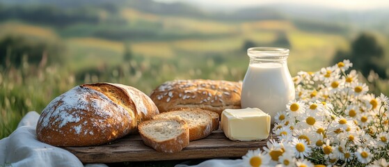 Fresh bread butter and milk on picnic table in countryside daisy field green hills background soft focus
