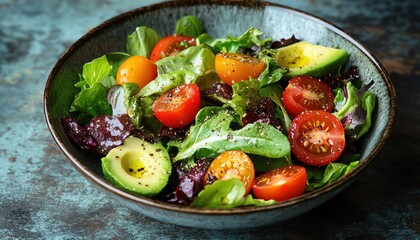 Fresh garden salad with avocado, cherry tomatoes, and creamy dressing, served in a ceramic bowl, rustic wooden table