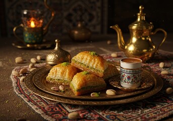 Obraz premium Savory Turkish baklava served with rich coffee on a decorative platter at a cozy setting