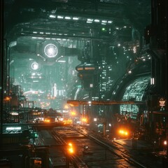 Fototapeta premium An AI-managed underground city powered by renewable energy, autonomous robots maintaining glowing infrastructure, ultra-realistic lighting, cinematic