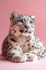 Snow leopard lying alert on pink studio floor centered pose sharp lighting elegant minimal backdrop