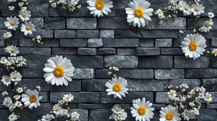 Fototapeta premium Rustic Stone Wall Adorned with White Daisies and Baby's Breath Flowers for Natural Ambiance