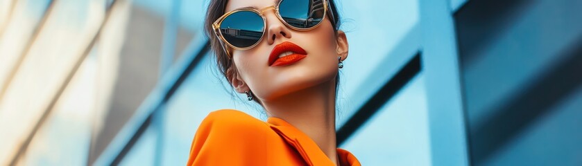 Naklejka premium Stylish woman in orange outfit and sunglasses urban street fashion bold colors shallow depth of field