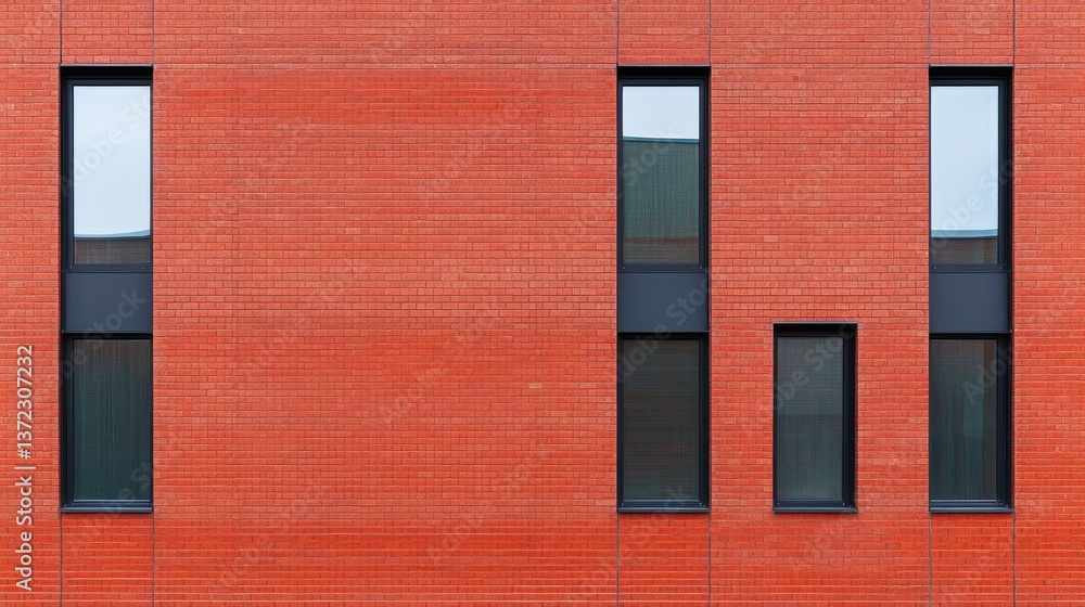 Poster modern red brick building facade with symmetrical windows and black frames in urban setting for cont
