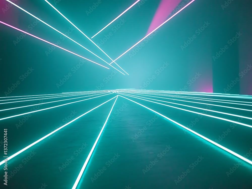 Poster bright neon lines illuminating a futuristic virtual environment with abstract form
