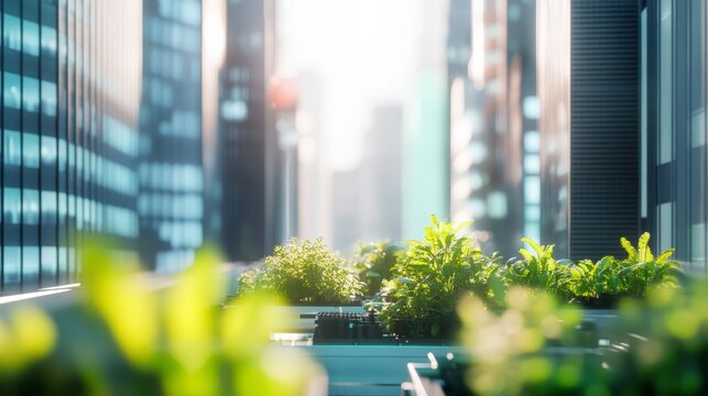 A next gen AI assisted vertical farming system, autonomous robots planting crops in an urban environment, high-tech rooftop garden
