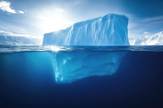 Stunning iceberg floating serenely in the blue Arctic waters, reflecting sunlight and revealing its massive underwater presence.