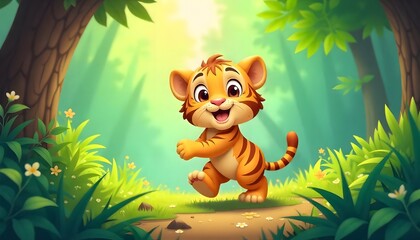 Cute and adorable cartoon tiger character in jungle environment.