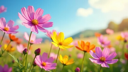 Fototapeta premium Vibrant Cosmos Flowers Blooming in a Sunny Meadow, a Delightful Display of Nature's Beauty in Full Bloom