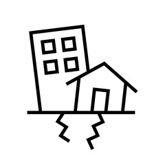 Earthquake icon, Disaster alert, Building collapse warning, Line design, Vector illustration