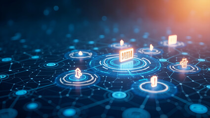 Contemporary Wallpaper Design: Abstract Digital Ledger Motifs & Blockchain Icons for Fintech Branding with Expansive Space for Text Overlays