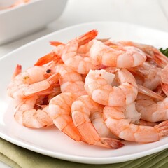 Pile of Fresh Cooked Shrimp on White Plate Macro Shot Delicious Food Detail