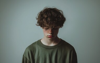 Penisve Young Man with Curly Brown Hair in Green Sweater
